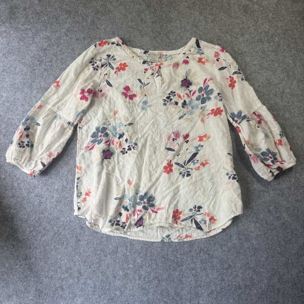 Van Heusen Keyhole Neck Blouse‎ Small White Floral 3/4 Puff Sleeve Lightweight